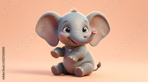 Adorable 3D cartoon baby elephant posing in soft pastel background with playful expression