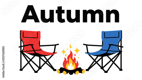Bild auf Leinwand Autumn Campfire Scene: A cozy outdoor scene featuring two camping chairs facing a warm, crackling campfire with the word Autumn prominently displayed above