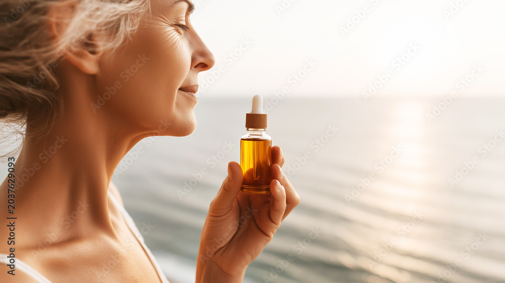 Fototapeta premium Mature woman enjoying natural skincare serum moment by tranquil ocean at golden hour sunset, celebrating aging gracefully