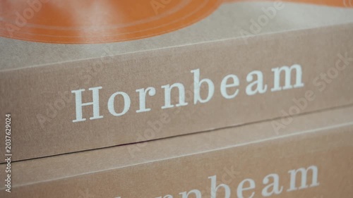 Close-up of branded cardboard boxes labeled 'Hornbeam'. Text is crisp, centered, and cleanly printed. Boxes stack neatly, hinting at organized storage. Ideal for product packaging, eco-branding