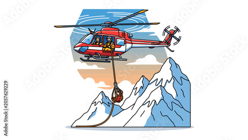 Helicopter Firefighting Operation in Mountains: A red helicopter is shown in the sky above snow-capped mountains, with a water bucket attached to it via a long hose, ready to combat a wildfire.