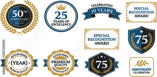 Corporate Anniversary Celebration Emblem Vector Set with Golden Laurel Wreaths, Navy Blue Ribbons, Shield Badges, and Special Recognition Award Labels for Company Business Milestone Rewards