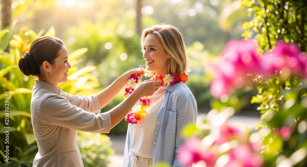 Fototapeta premium Smiling woman receiving a floral lei at a tropical resort. Guest welcome and hospitality concept during golden hour