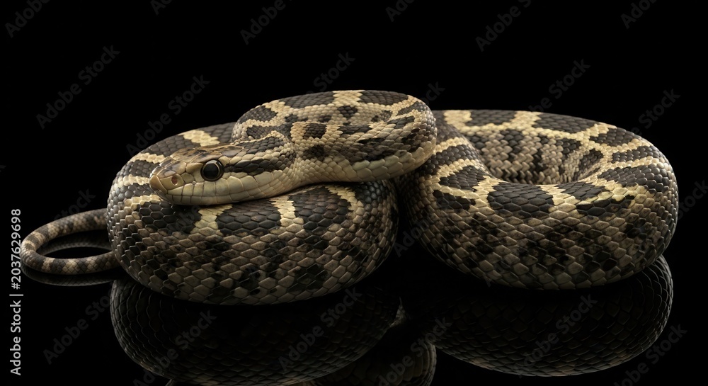 Fototapeta premium Coiled Rattlesnake Isolated on a Black Background.