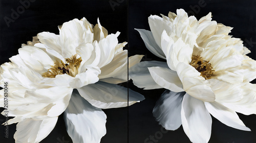 Two Large White Flowers on Dark Background