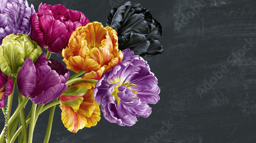 Vibrant tulips on blackboard background