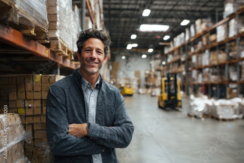 Professional Manager in Business Casual Leaning on Pallets Amid Organized Stock