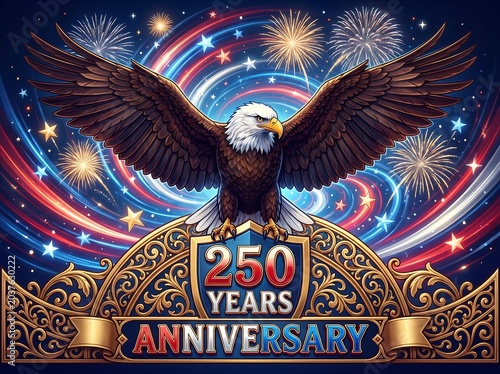 American bald eagle celebrating 250 years anniversary with fireworks and stars