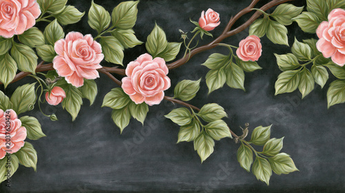 Vibrant Pink Roses with Green Leaves on Black Background