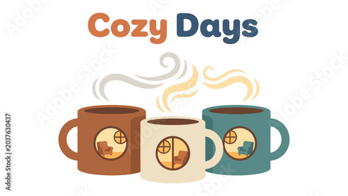 Quadro su tela Cozy Days with Warm Drinks: Three steaming mugs filled with hot beverages evoke feelings of comfort and warmth, perfect for a relaxing day