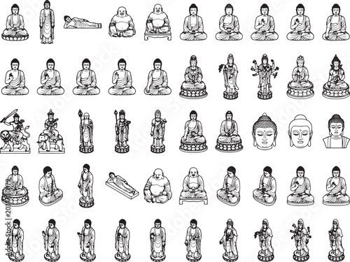A collection of black and white illustrations depicting various Buddha statues in different poses and styles, showcasing religious iconography and art.