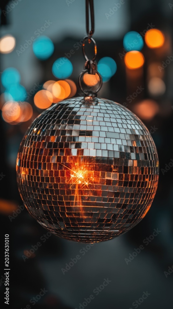 Obraz premium Disco ball shines brightly against a dark background with blurred lights creating a vibrant setting for a party atmosphere and celebration