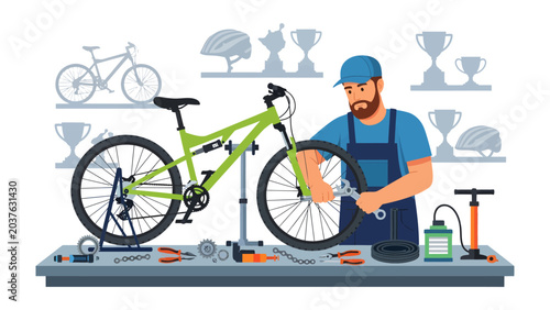 Bicycle Mechanic at Work: A focused bicycle mechanic in a workshop meticulously repairs a green mountain bike, surrounded by tools and spare parts, with various trophies displayed in the background.