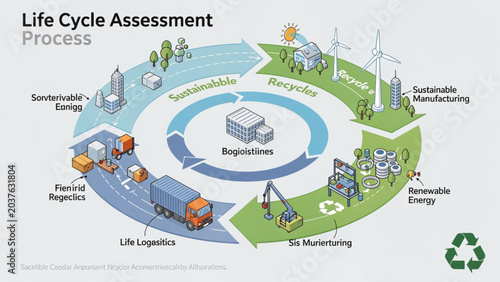 Life Cycle Assessment infographic illustrating sustainable process with renewable energy, recycling, and eco-friendly logistics in eco-friendly colors