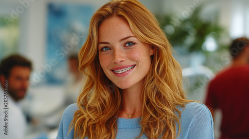 Portrait of a smiling young woman with braces in a bright modern office setting, looking at camera