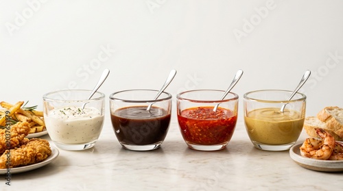 A variety of dipping sauces, including ranch, barbecue, hot sauce, and mustard, are displayed in clear glass bowls alongside fried foods