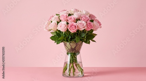 Elegant pink roses bouquet in glass vase, romantic floral arrangement on pastel background, fresh blooming rose flowers for anniversary or wedding