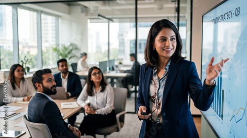 Boardroom presentation by professional businesswoman using touchscreen display to present growth strategy while diverse colleagues listen attentively and take notes