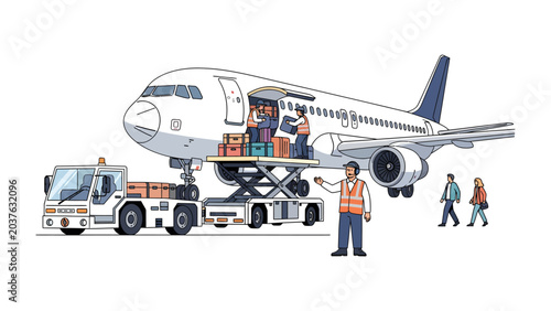 Tableau sur toile Airport Cargo Loading: Workers efficiently load cargo onto an airplane using a specialized lifting platform, with passengers disembarking nearby, illustrating the dynamic operations of air transport