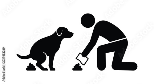 Fotografie Dog defecating and owner picking up waste a black silhouette against a white bac