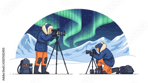 Foto Aurora Borealis Photographers: Two photographers capture the mesmerizing dance of the Northern Lights over a snowy, mountainous landscape