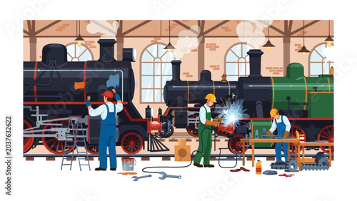 Bild auf Leinwand Train Repair Workshop: A vibrant illustration of a busy train repair workshop, where mechanics in hard hats meticulously work on vintage steam locomotives