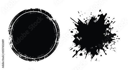 Foto Two black ink blots with rough edges presented as circular shapes in a silhouett