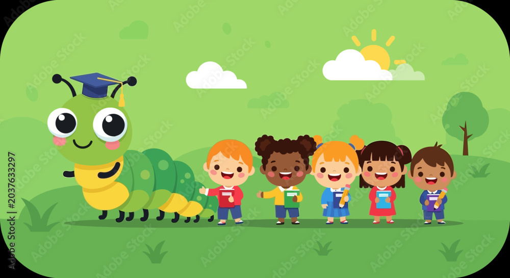 Fototapeta premium Happy Cartoon Caterpillar with Graduation Cap Leading Diverse Children with Books Outdoors