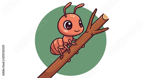 Cute Cartoon Ant Climbing a Tree Branch with Green Circle Background
