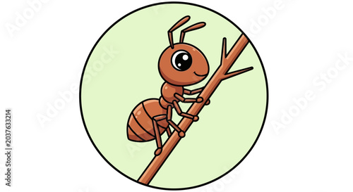 Cute Cartoon Ant Climbing Branch, Tiny Insect Illustration, Simple Vector Art
