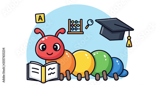 Cute cartoon caterpillar reading a book with school supplies, education concept