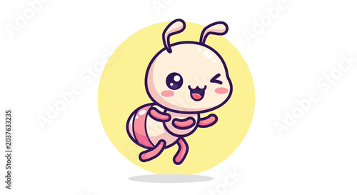 Cute Kawaii Ant Character Winking and Dancing with Yellow Circle Background