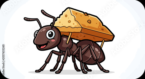 Happy Cartoon Ant Carrying Large Slice of Cheese