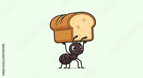 Cute cartoon ant carrying a loaf of bread, illustration, isolated on light green background