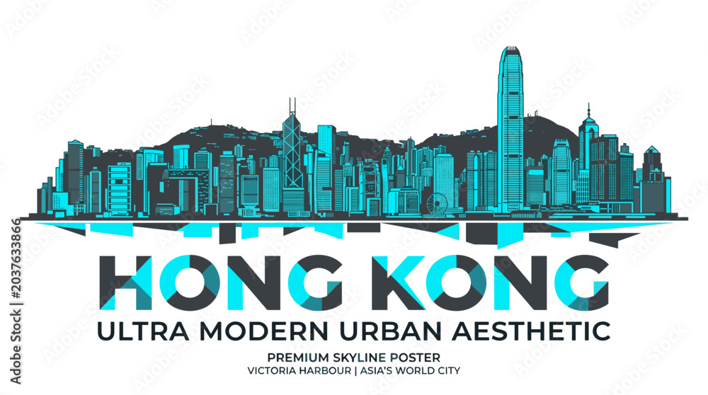 Obraz premium Futuristic Hong Kong Skyline Travel Poster with Cyan Neon Cityscape and Ultra Modern Urban Typography Vector