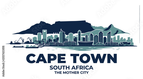 Cape Town South Africa Skyline Poster with Table Mountain Waterfront and Modern Coastal City Vector Illustration