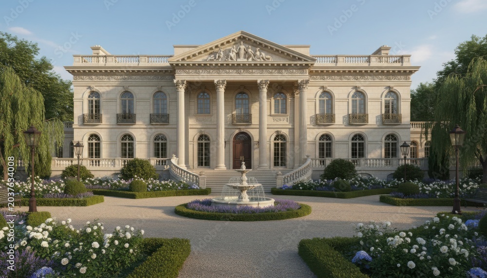 Fototapeta premium Classical mansion features grand stone columns and a symmetrical facade with a fountain located in a meticulously landscaped garden setting