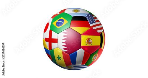 Konstfotografi Soccer ball with flags of different countries on white background