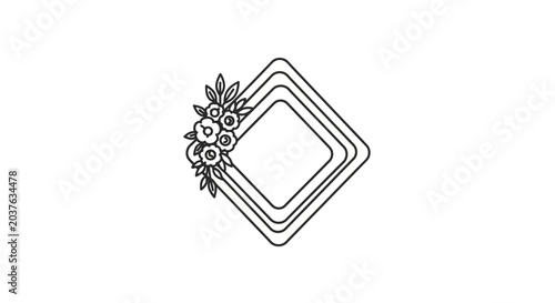 Elegant Diamond Frame with Floral Accent - Minimalist Line Art Decoration