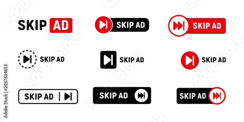 Skip Ad Button Collection With Media Playback And Streaming Interface Icons. Video Skip Advertisement Controls Set Featuring Digital Player Navigation Elements