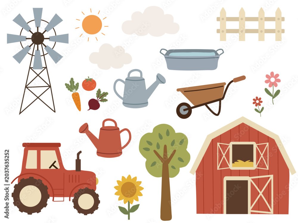 Obraz premium Red barn house, agricultural tractor, and vintage windmill sticker sheet with gardening tools, fresh vegetables, sunflower, and wooden fence isolated on white background,