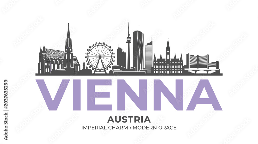 Obraz premium Minimal Gray Vienna Skyline Illustration with Modern Urban Landmarks and Lavender Travel Typography