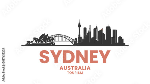 Vector 2D Flat Illustration of Sydney Australia Skyline with Sydney Opera House and Harbour Bridge in Modern Black and Coral Style – Travel and Tourism Branding