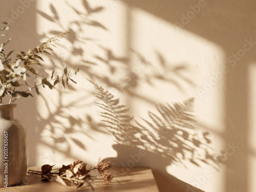 Softly Lit Still Life Casting Shadows From Delicate Leaves On A Warm Neutral Background.