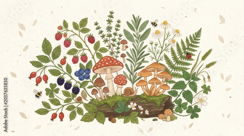A Whimsical Composition Of Mushrooms, Berries, And Herbs Artistically Arranged On A Log.
