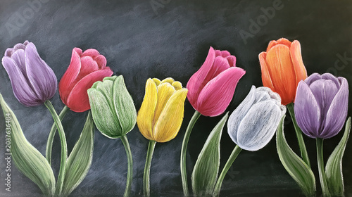 Vibrant Tulips Chalk Art on Dark Background