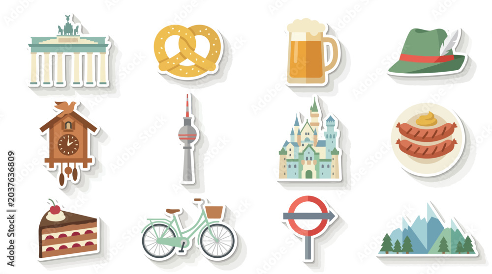 Obraz premium Collection of German cultural icons and symbols in a sticker design style.