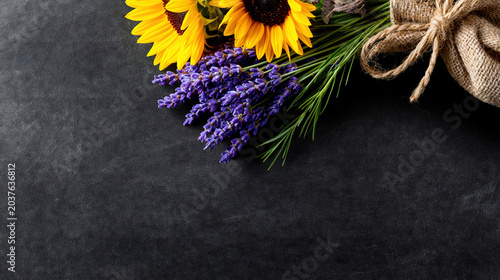 Fresh Sunflowers and Lavender Bouquet on Textured Surface