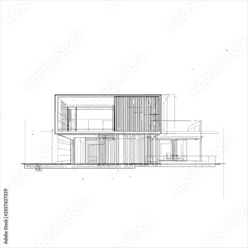 Minimalist two story house sketch with swimming pool vector,. Contemporary mansion perspective drawing black and white outline,Architectural blueprint sketch of a luxury residential building.