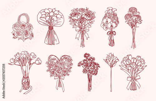 Set of wedding flower bouquets. Vector flowers. Collection of vector illustrations with roses, calla lilies, and hydrangeas. Hand-drawn. Floral arrangements. Bridal bouquets. Wedding design. 